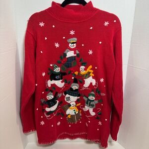 Vtg Victoria Jones Red Snowman Ice Skating Ugly‎ Christmas Sweater Womens Medium